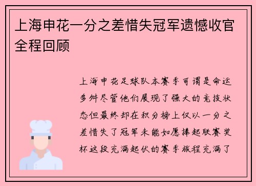 上海申花一分之差惜失冠军遗憾收官全程回顾 上海申花一分之差惜失冠军遗憾收官全程回顾