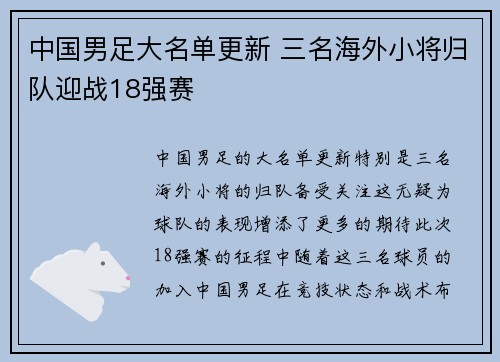 中国男足大名单更新 三名海外小将归队迎战18强赛